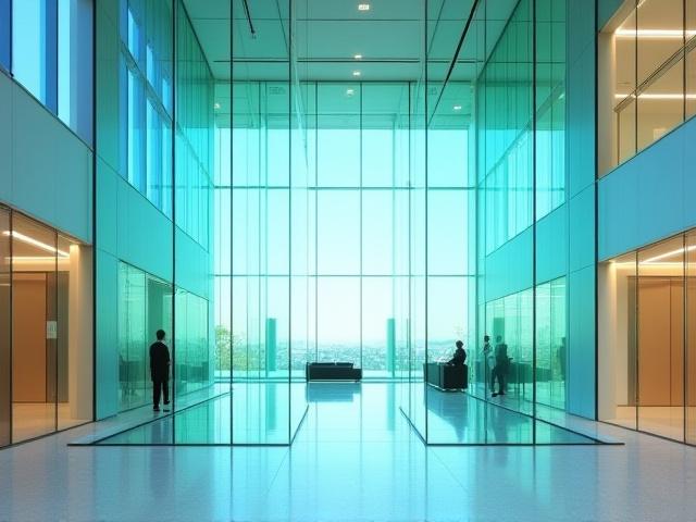 Et moderne interiør med en stor arkitektonisk glassinstallasjon som reflekterer lys