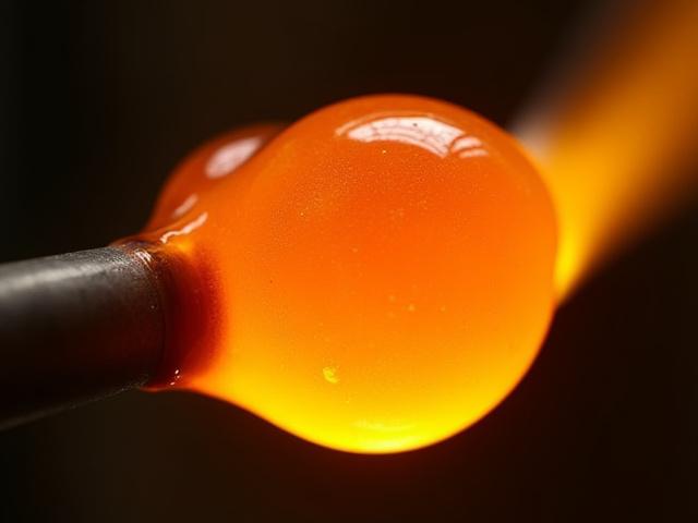 Nærbilde av glødende, flytende glass